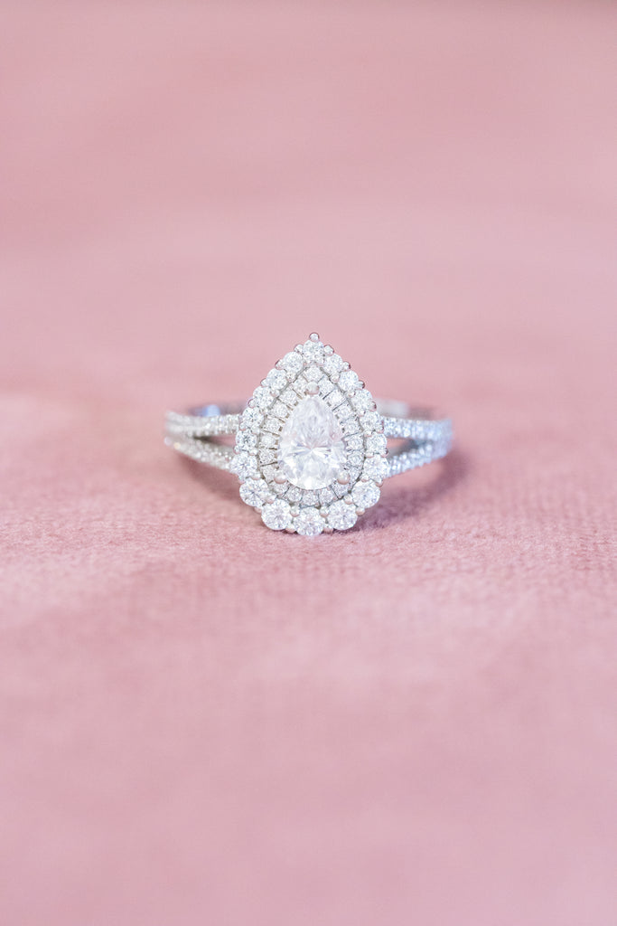 Pear-Shaped Diamond Double Halo Ring Split Shank Pave Band