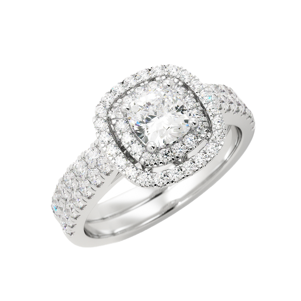 1.6 Carat Cushion Cut Moissanite Double Halo Engagement Ring Set 14k White Gold